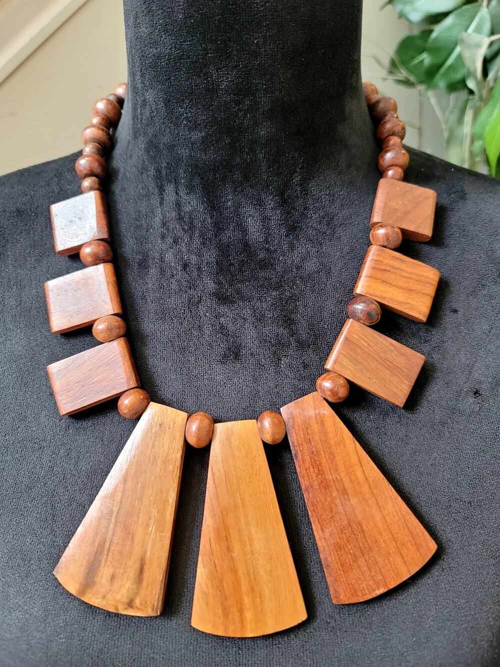 Wood Geometric Statement Necklace Brown Beaded Tribal Boho